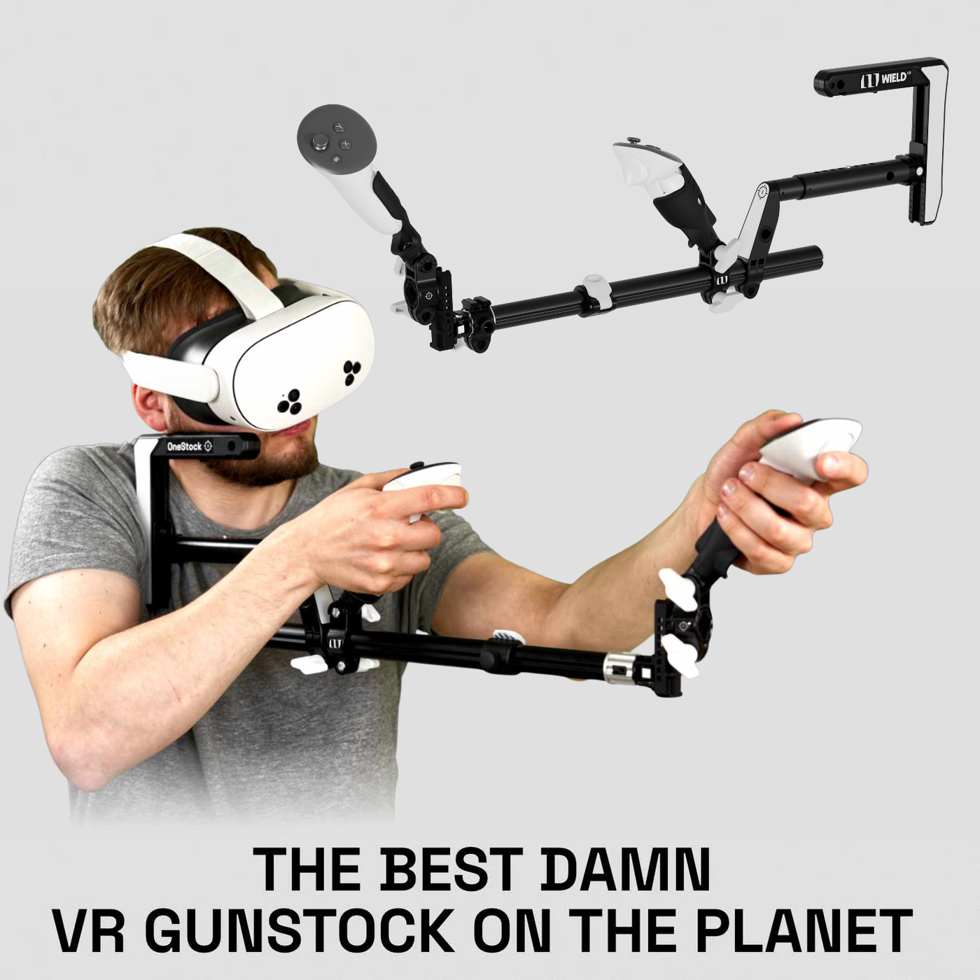 Man presenting Wield VR OneStock Pro VR gunstock built for Meta Quest systems