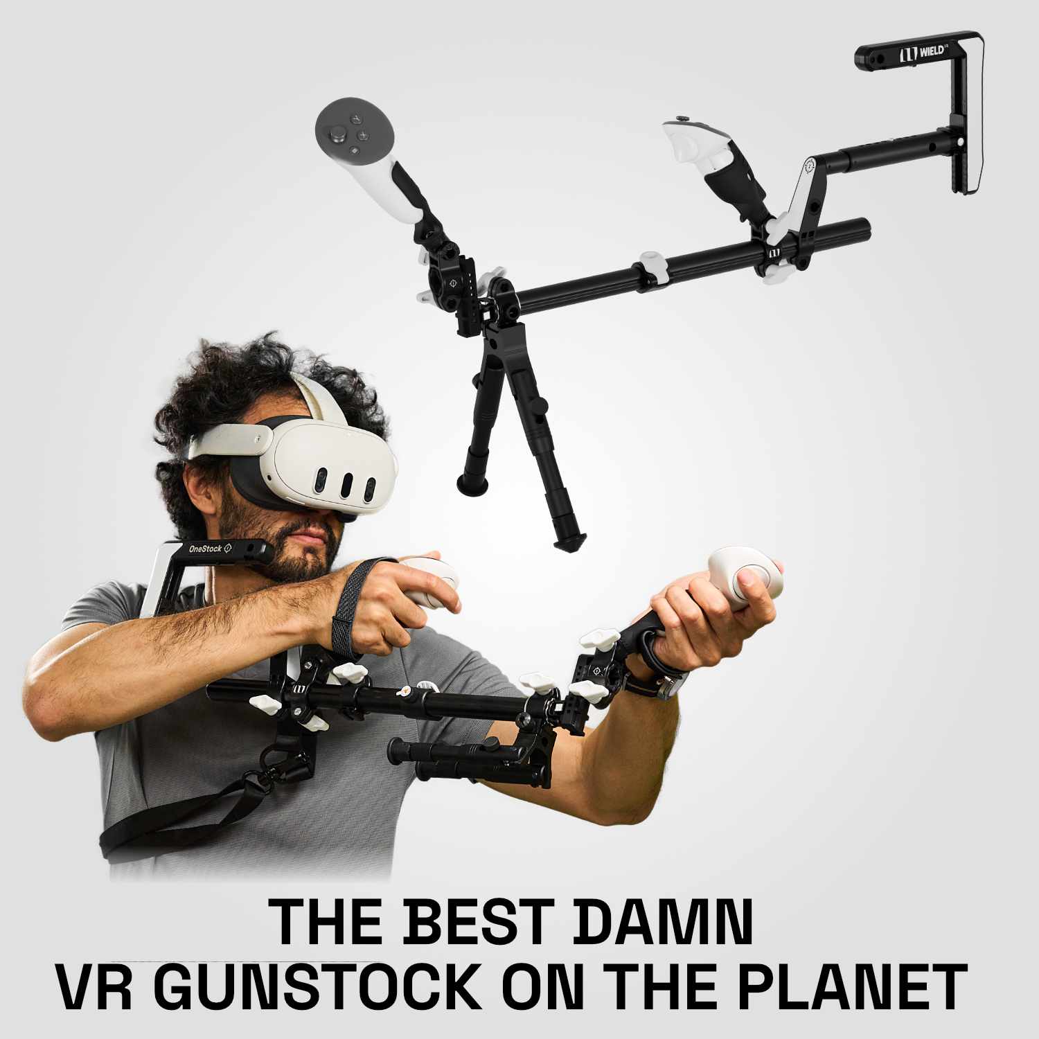 Person using a VR headset and OneStock gunstock attachment with text 'The best damn VR gunstock on the planet'.