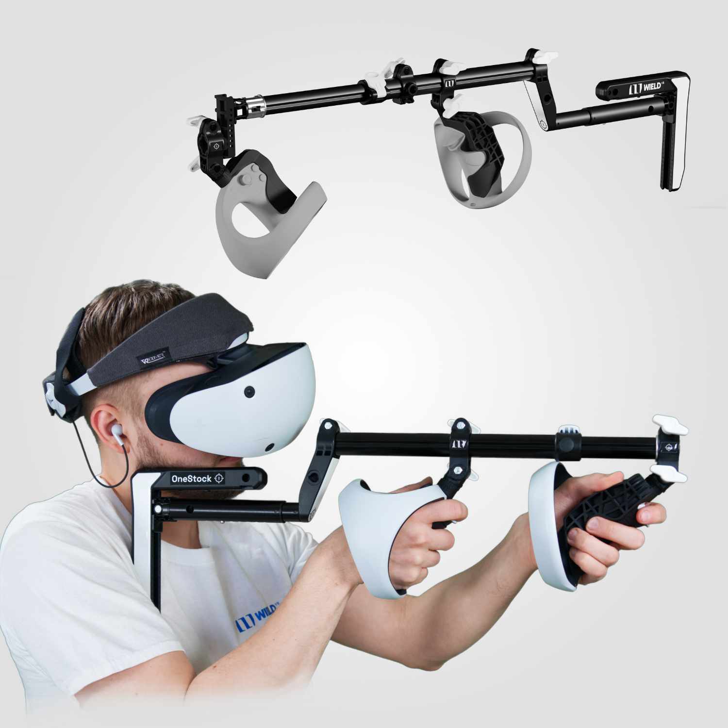 Man presenting Wield VR OneStock PRO VR gunstock PSVR2 model on a white background