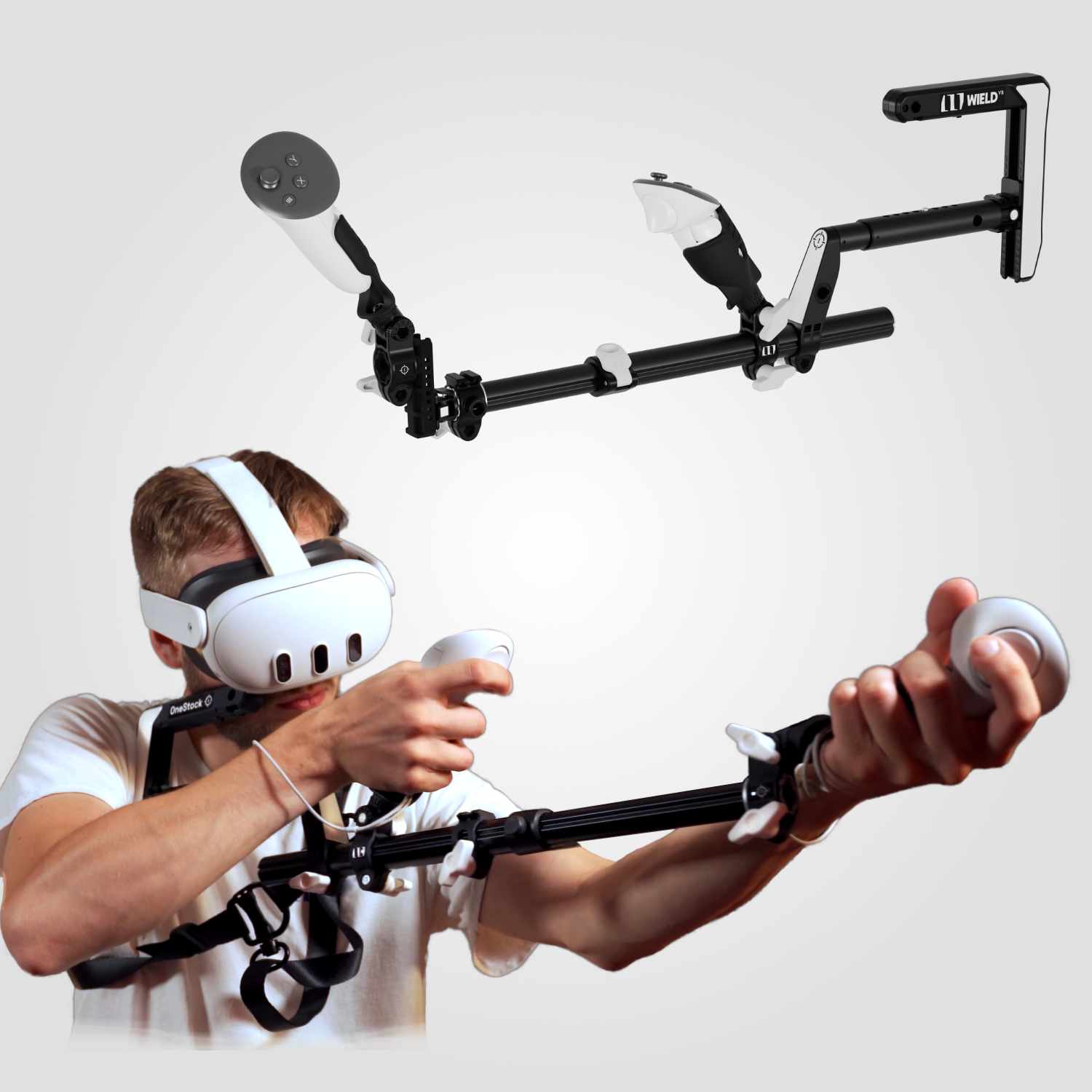 Man presenting Wield VR OneStock PRO VR gunstock Meta Quest 3 model on a white background