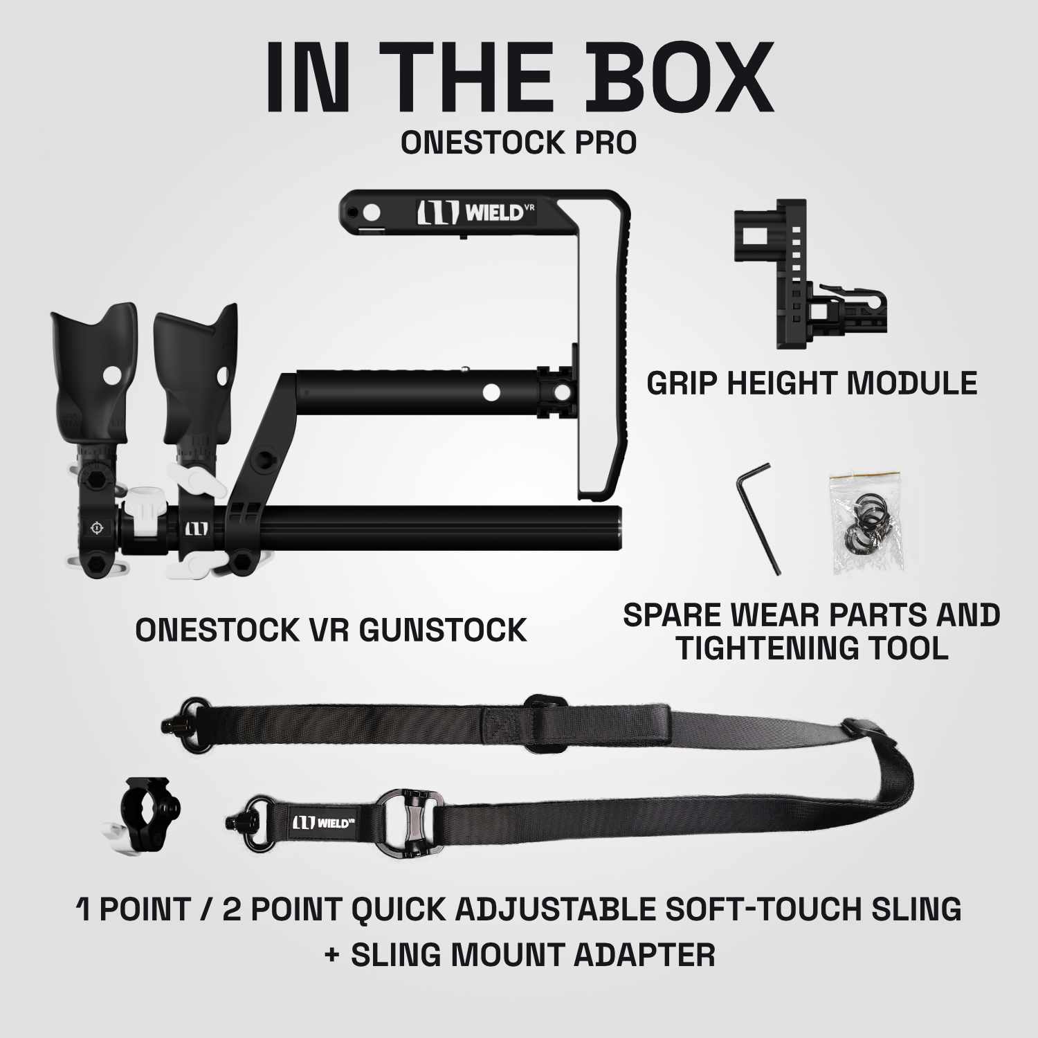 All parts included in Wield VR OneStock Pro Edition VR gunstock kit