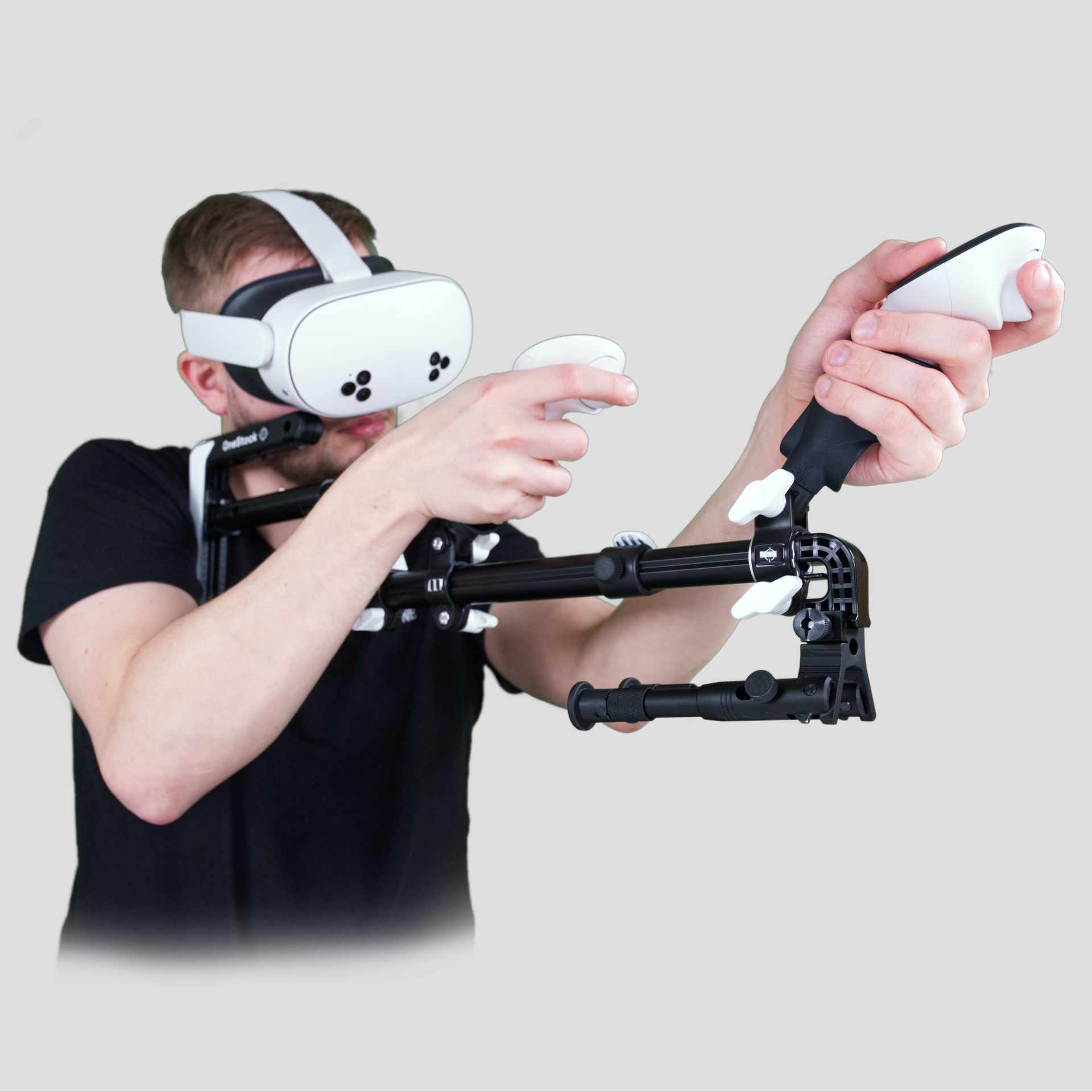Man holding a Wield VR OneStock VR gunstock Meta Quest model with bipod add-on folded