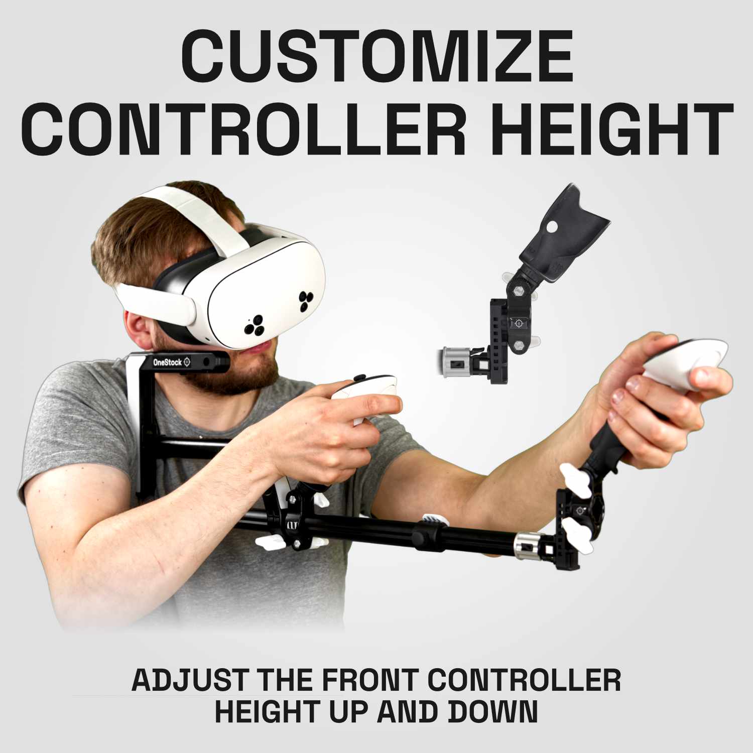 Réglage de la hauteur de la poignée et du module de contrôle à l'aide d'un homme tenant le Wield VR OneStock, une crosse de fusil VR.