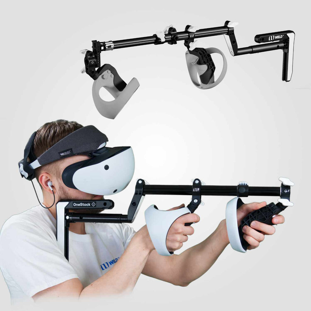 Man presenting Wield VR OneStock PRO VR gunstock PSVR2 model on a white background