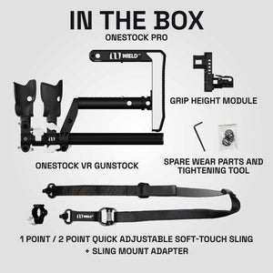 All parts included in Wield VR OneStock Pro Edition VR gunstock kit