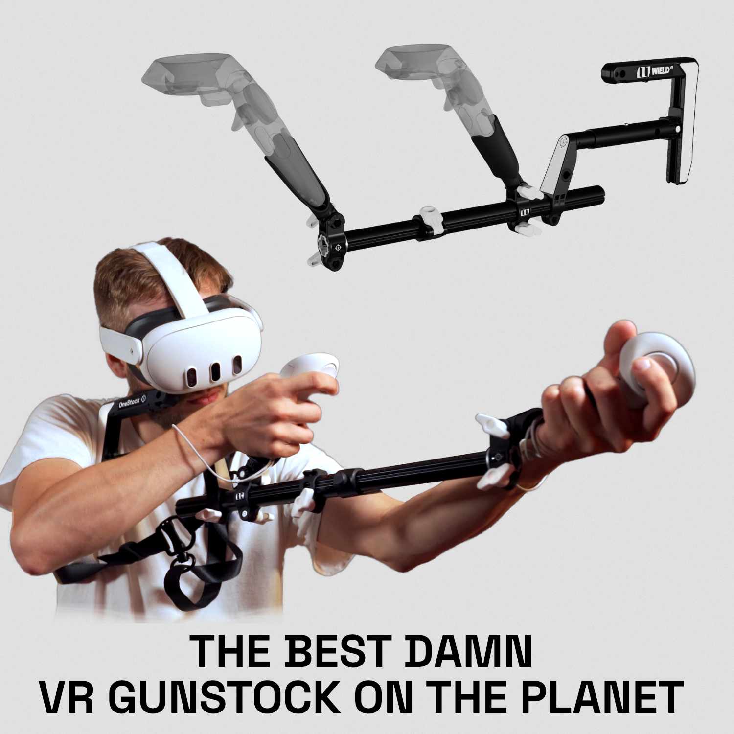 Mann mit einem Wield VR OneStock VR-Gewehrschaft Vive-Modell auf weißem Hintergrund 