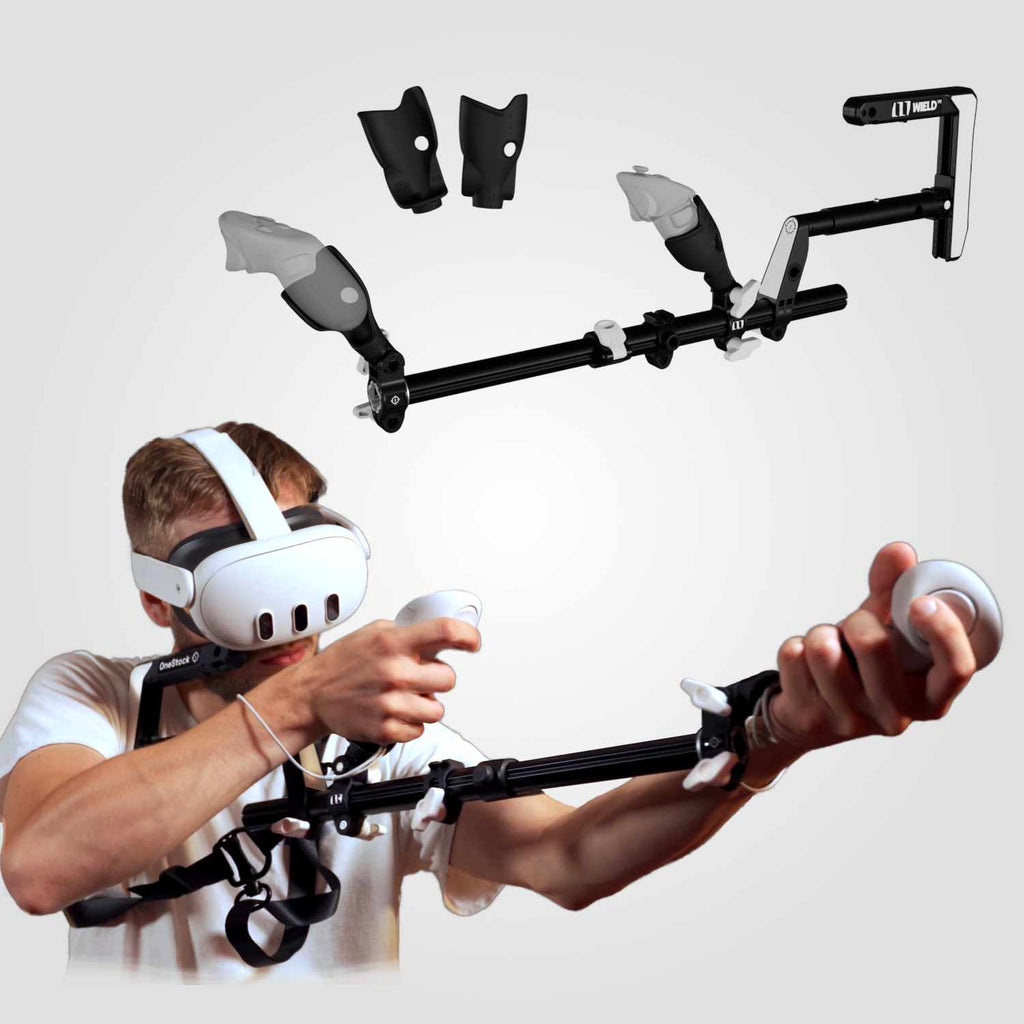 Mann präsentiert Wield VR OneStock VR-Gewehrschaft Meta Quest 3-Modell auf weißem Hintergrund