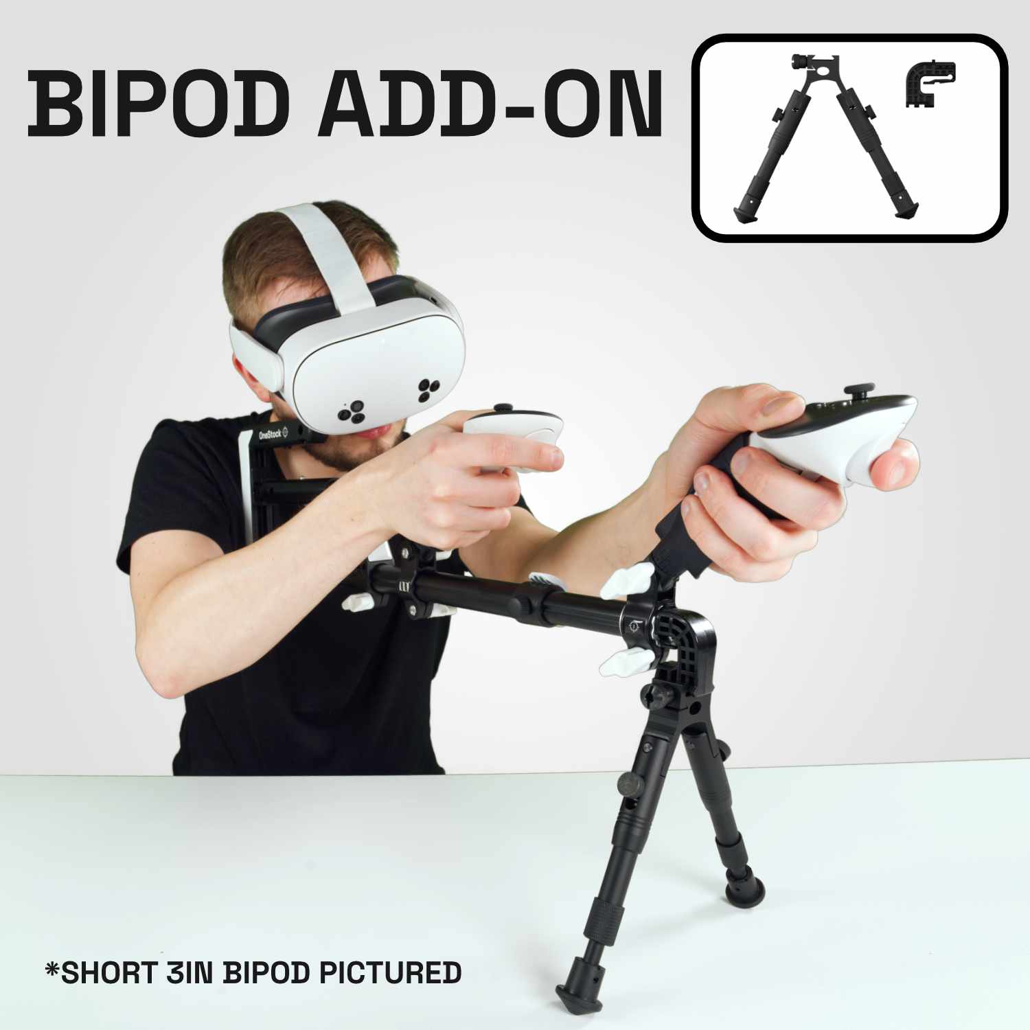 Mann mit einem Wield VR OneStock, an dem das ultimative Zweibein-Add-on an einem VR-Gewehrschaft befestigt ist