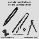 Onestock-Teile auf weißem Hintergrund, Griffhöhenmodul, Dual-Sling-Pack und Schnellverschluss-Zweibein