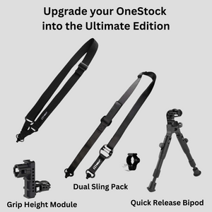 Onestock-Teile auf weißem Hintergrund, Griffhöhenmodul, Dual-Sling-Pack und Schnellverschluss-Zweibein