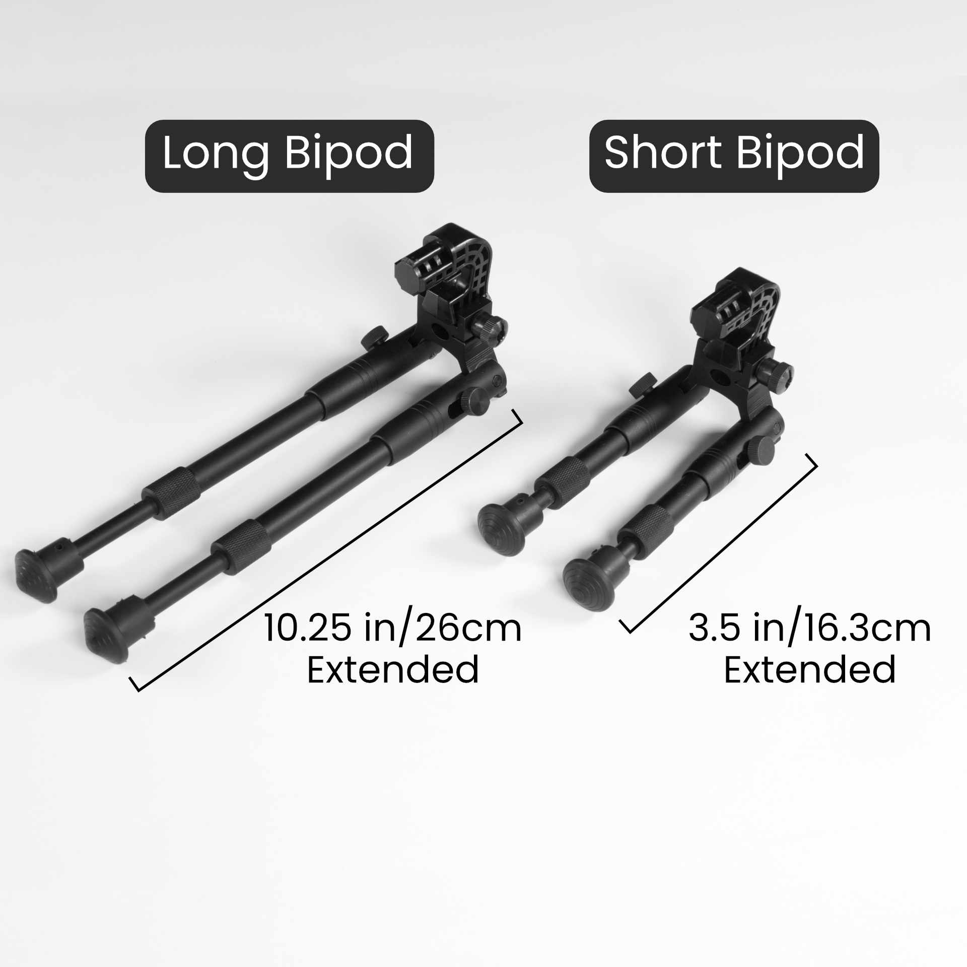 Empuñadura VR OneStock VR: comparación entre el accesorio bipod para culata y el bipod largo y corto.