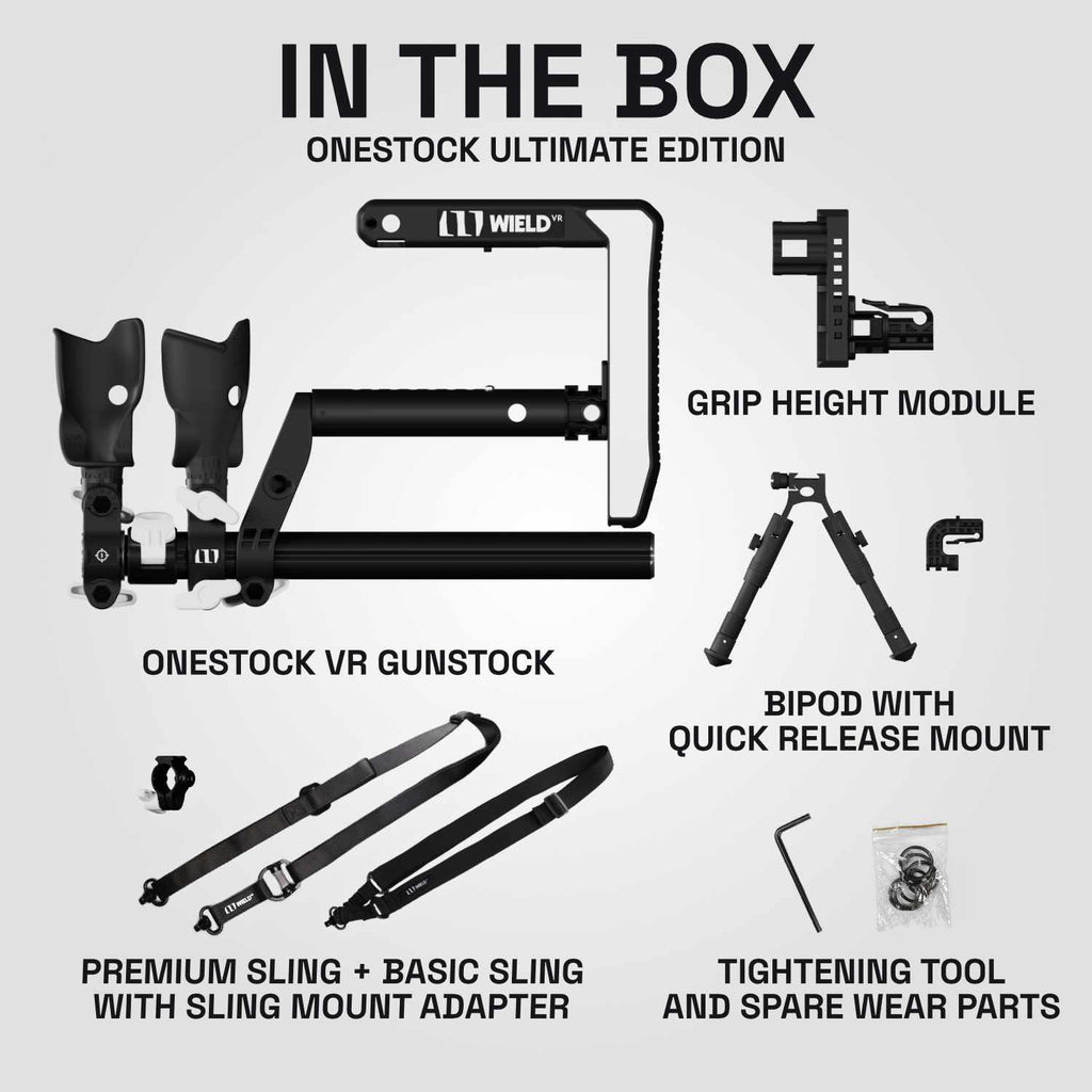 Todas las piezas incluidas en el kit de culata para rifle Wield VR OneStock Ultimate Edition VR.