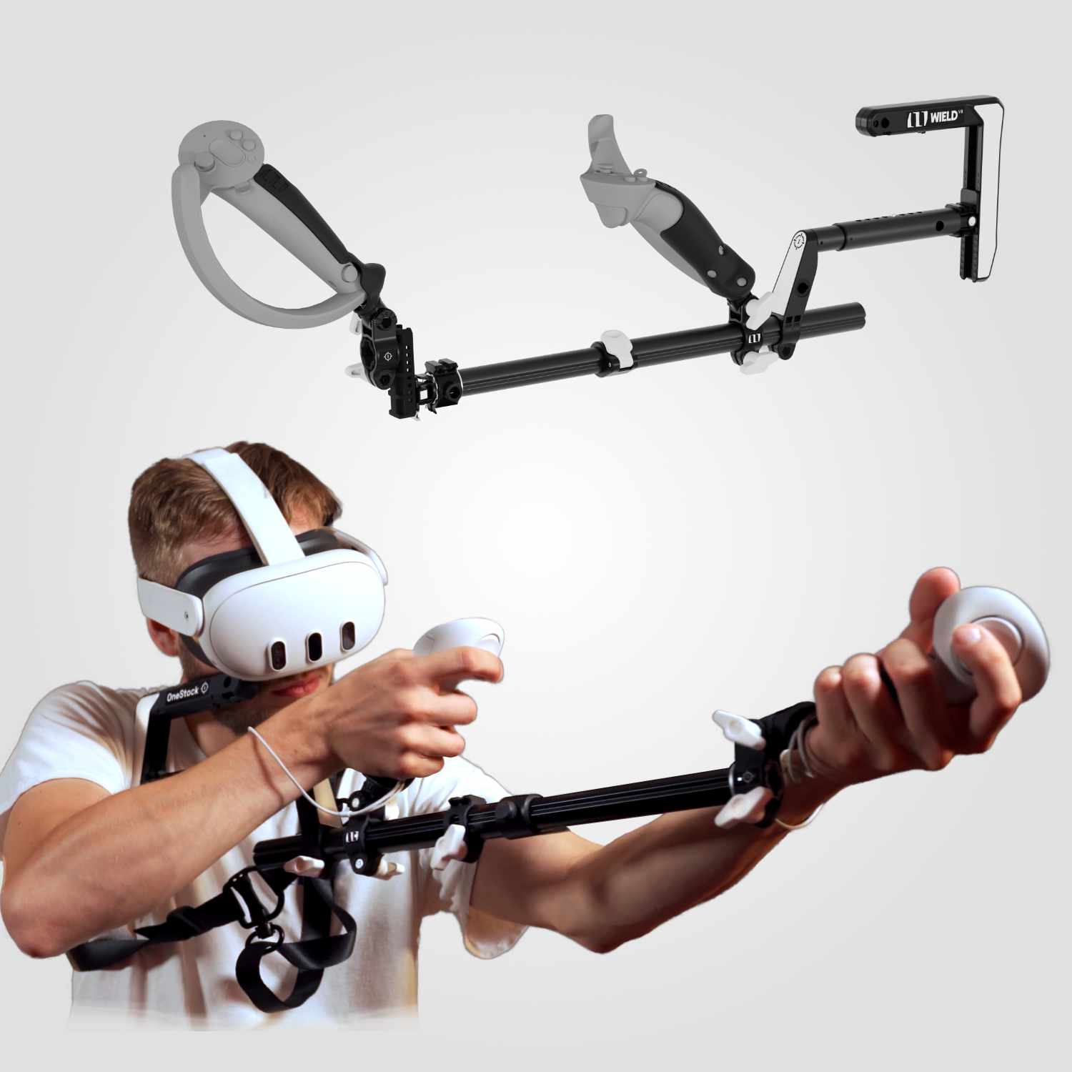 Homme présentant le modèle Valve Index de la crosse Wield VR OneStock PRO VR sur fond blanc