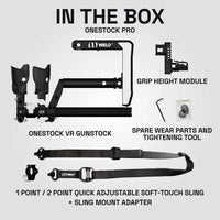 Toutes les pièces incluses dans le kit de crosse VR Wield VR OneStock Pro Edition