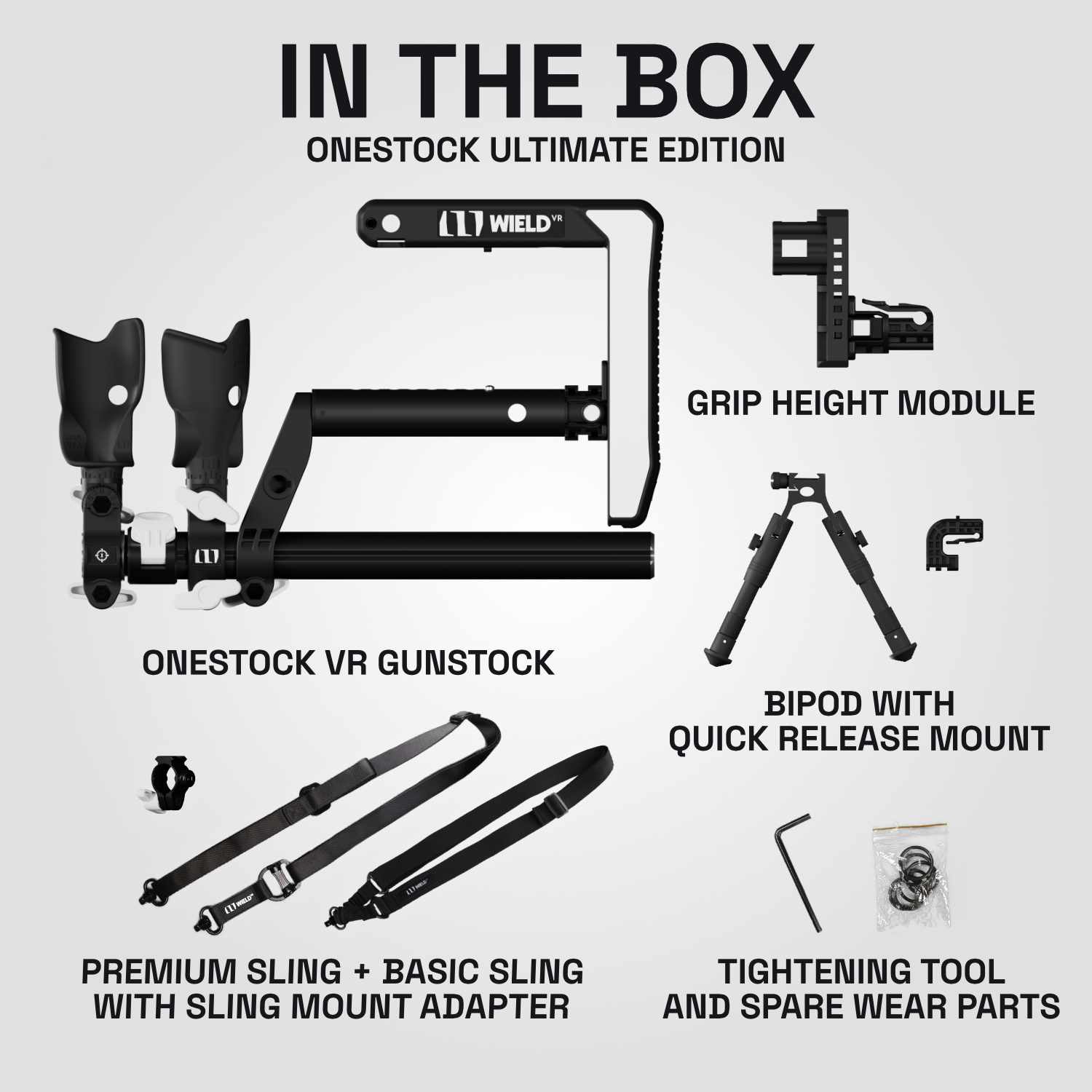Toutes les pièces incluses dans le kit de crosse VR Wield VR OneStock Ultimate Edition