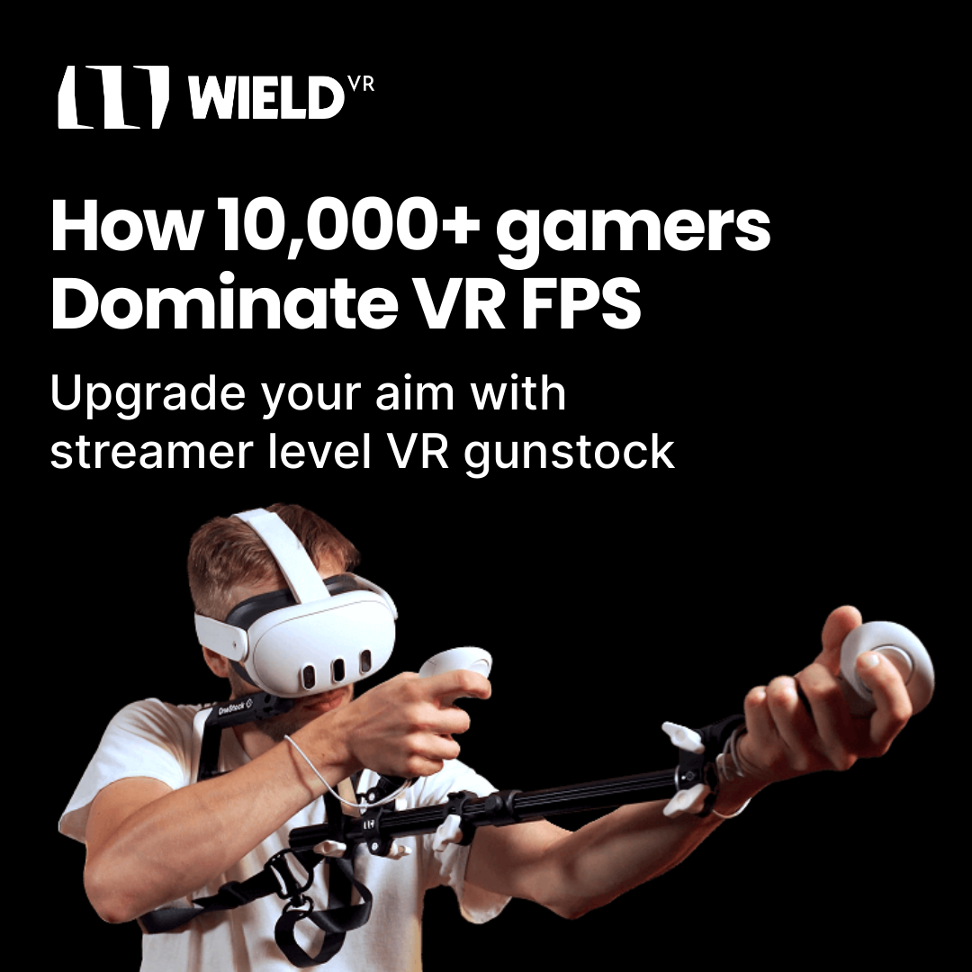 Homme présentant le modèle Meta Quest 3 de la crosse VR OneStock VR sur fond noir avec graphismes.