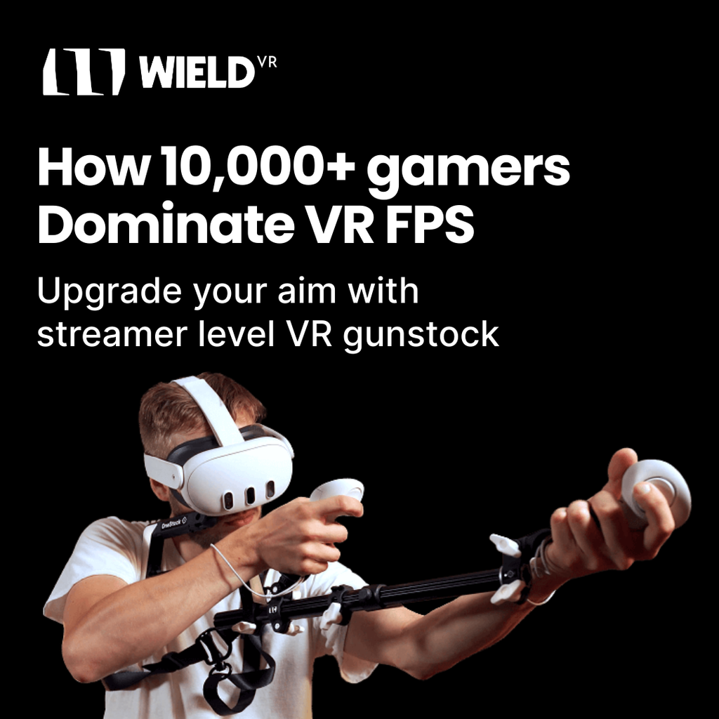 Homme présentant le modèle Meta Quest 3 de la crosse VR OneStock VR sur fond noir avec graphismes.